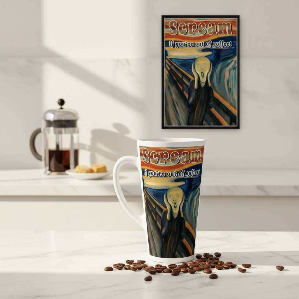 Scream If You're Out of Coffee 17oz latte mug on marble kitchen counter with poster on wall