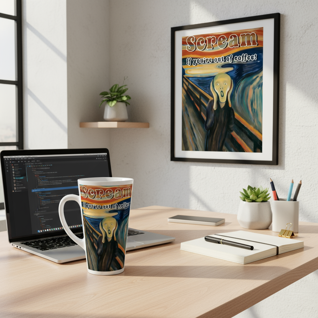 Scream If You're Out of Coffee 17oz latte mug on modern office desk with poster in background