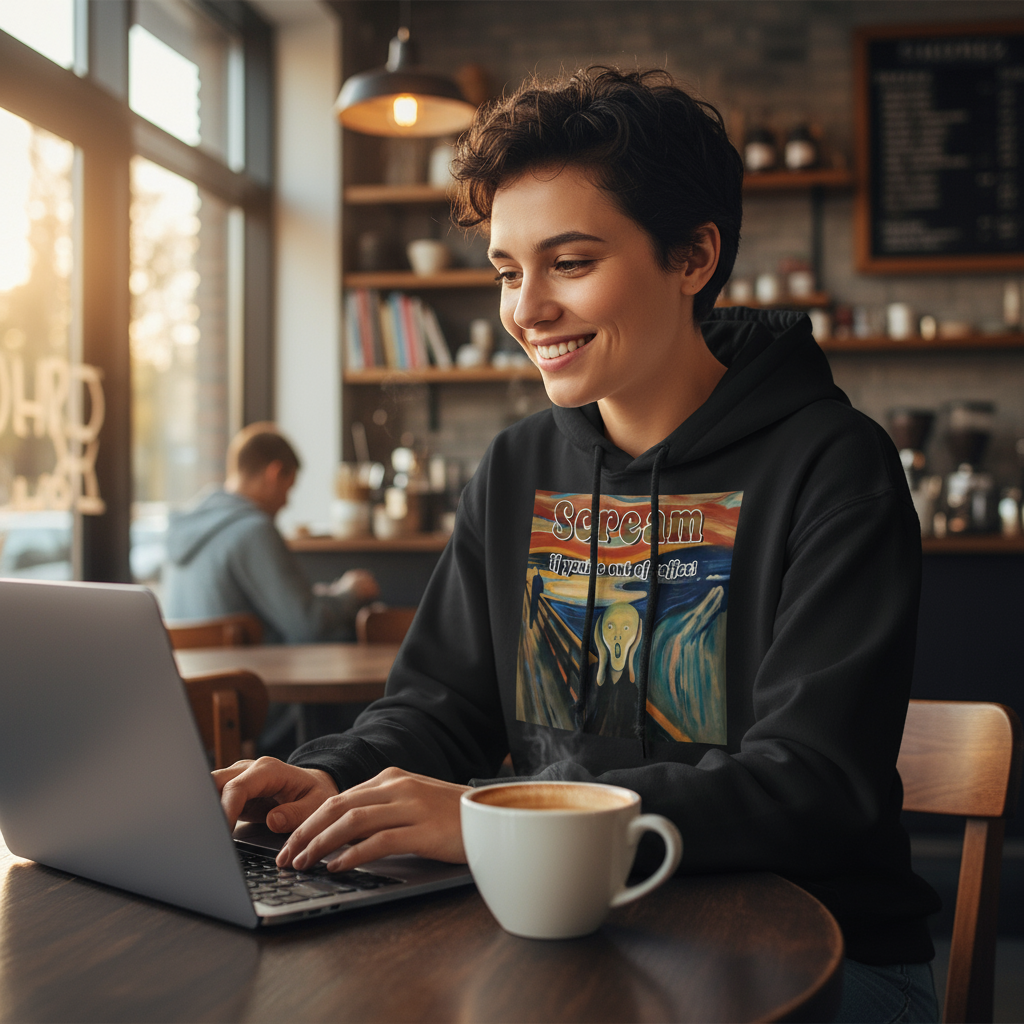 Scream If You're Out of Coffee hoodie worn in coffee shop - casual lifestyle