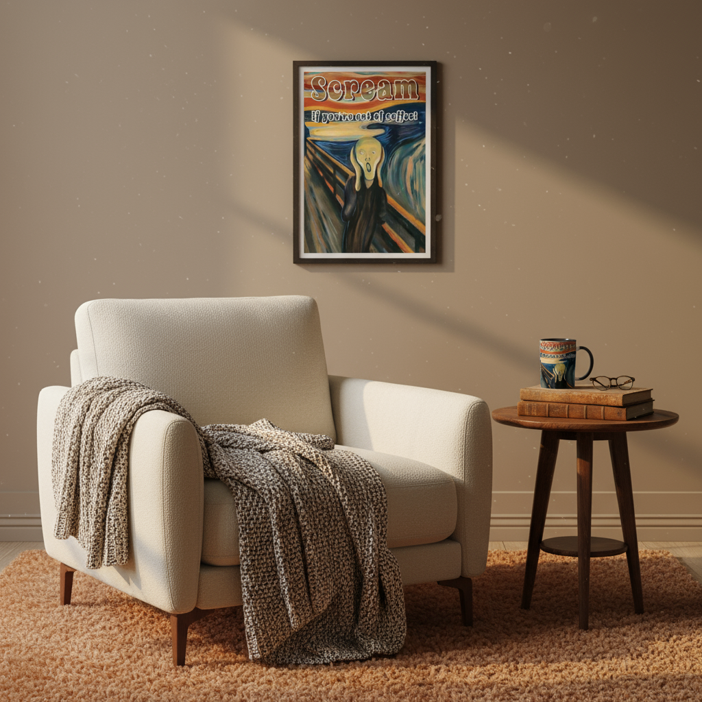 Scream If You're Out of Coffee mug in cozy reading nook with armchair and poster