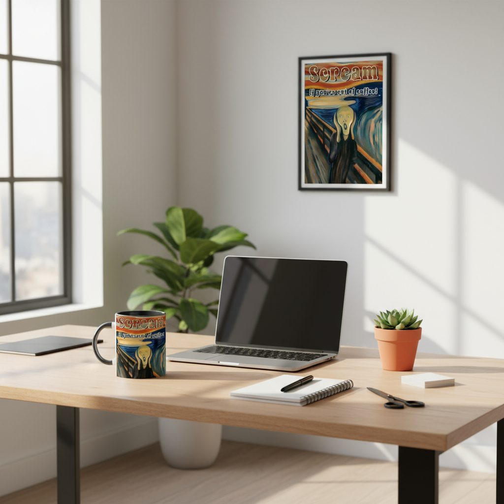 Scream If You're Out of Coffee mug on modern office desk with poster in background