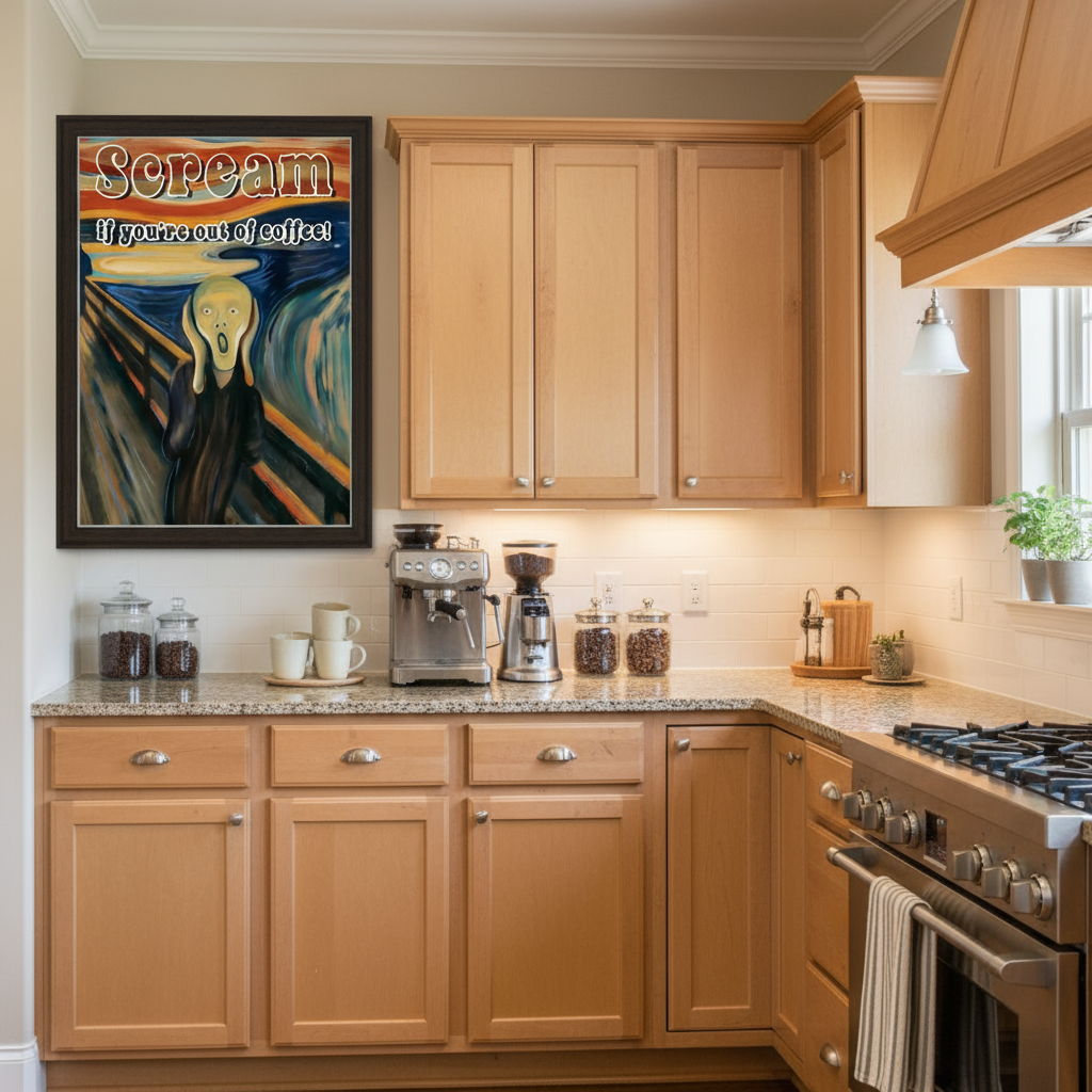Scream if you're out of coffee poster 28x40 framed in home kitchen near coffee bar