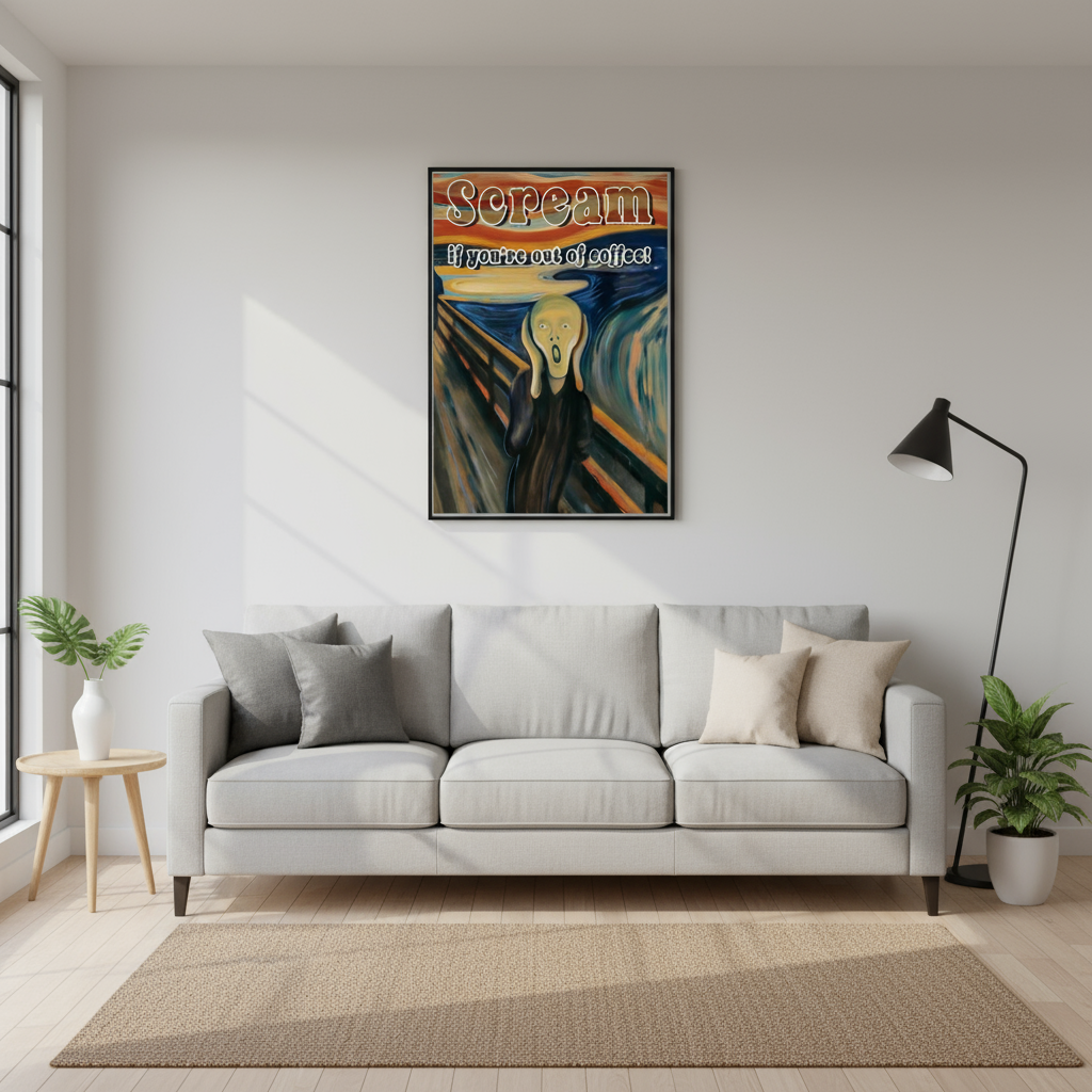Scream if you're out of coffee poster 28x40 framed in modern living room above sofa