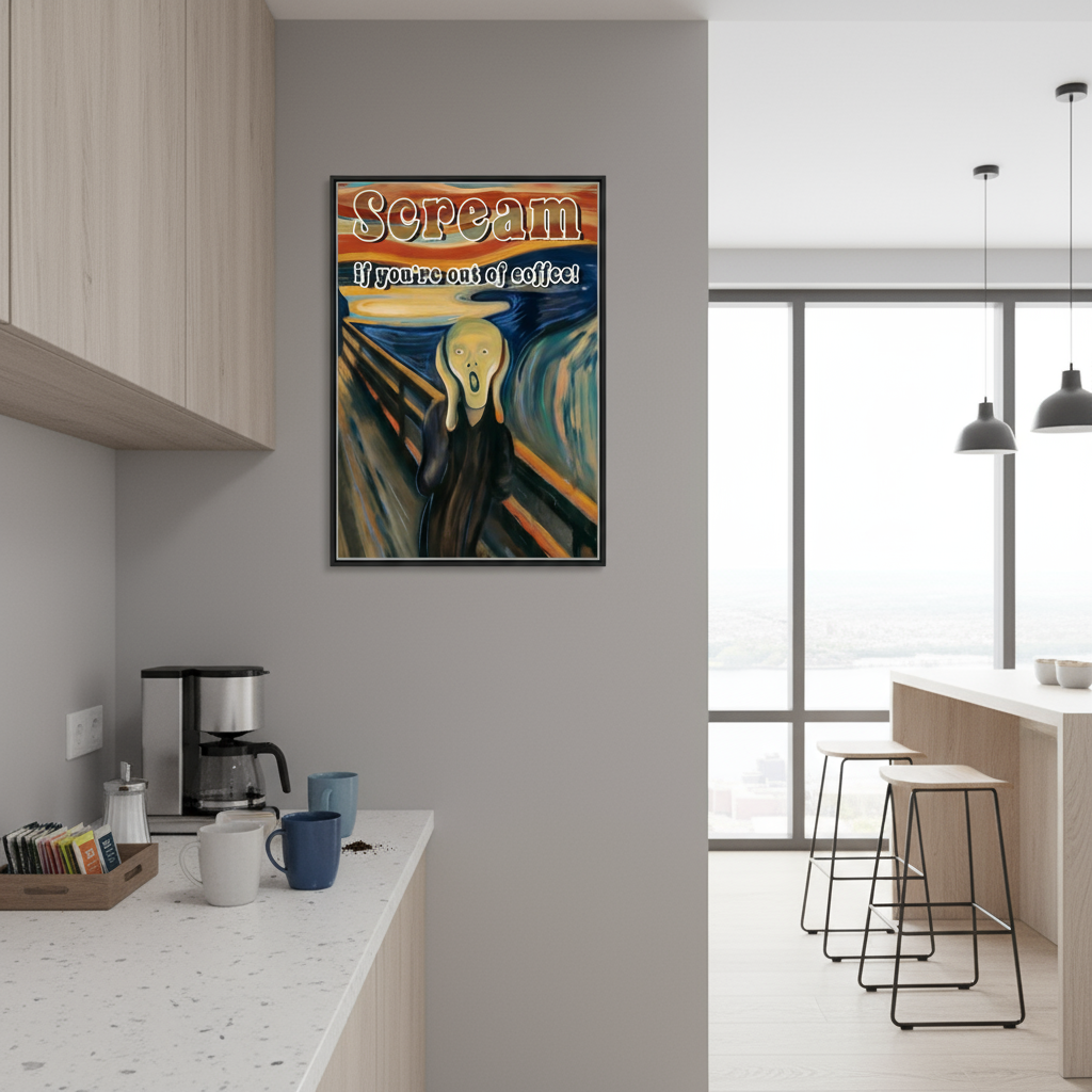 Scream if you're out of coffee poster 28x40 framed in office break room above coffee station