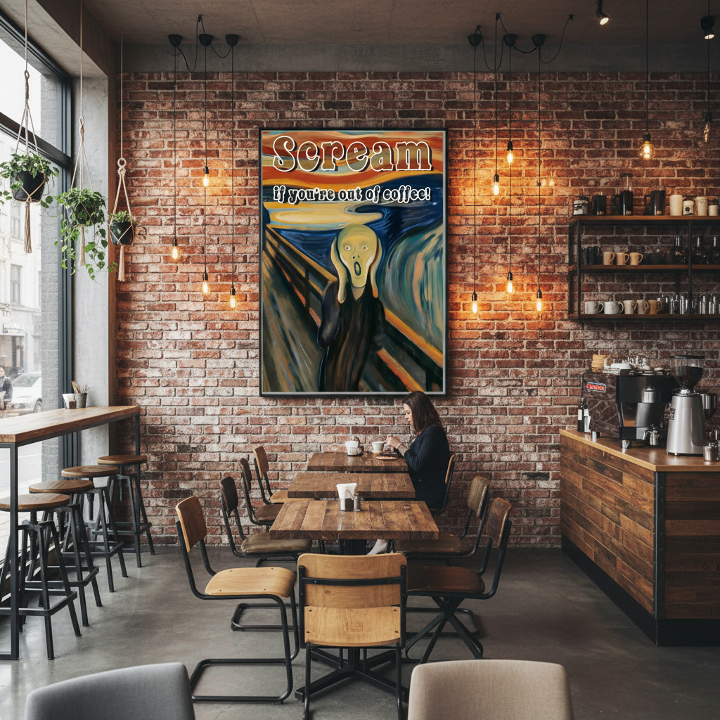 Scream if you're out of coffee poster 28x40 framed in trendy coffee shop on brick wall