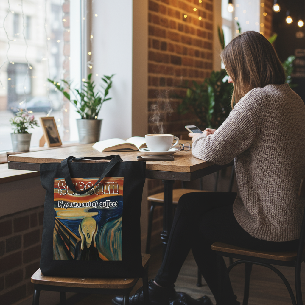 Scream if you're out of coffee tote bag at cafe table with coffee cup