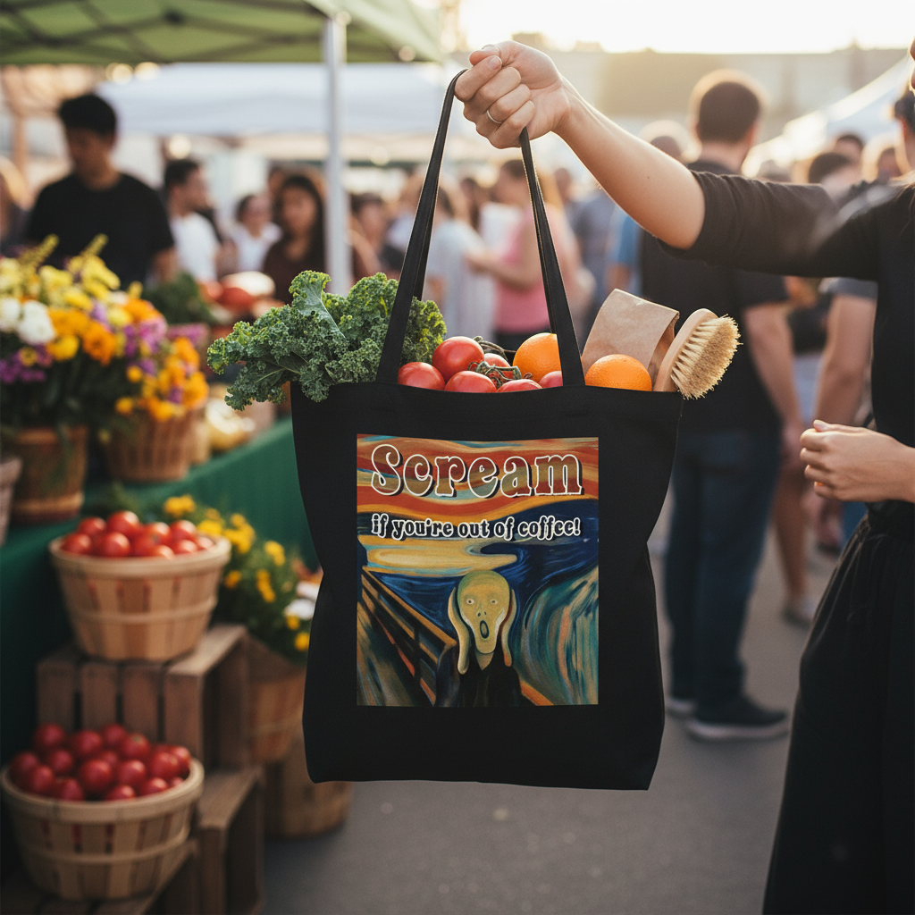 Scream if you're out of coffee tote bag filled with groceries at farmer's market