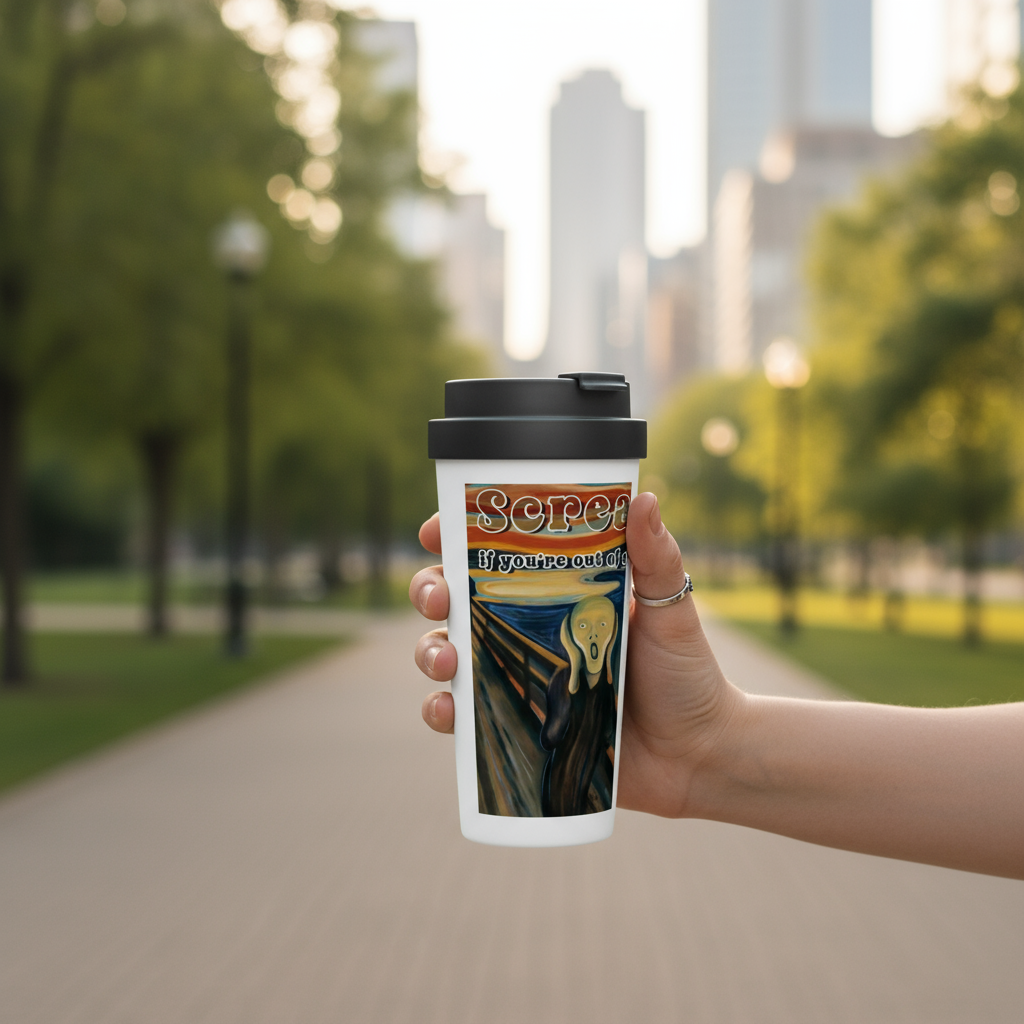 Scream If You're Out of Coffee travel mug held while walking outdoors - portable coffee solution