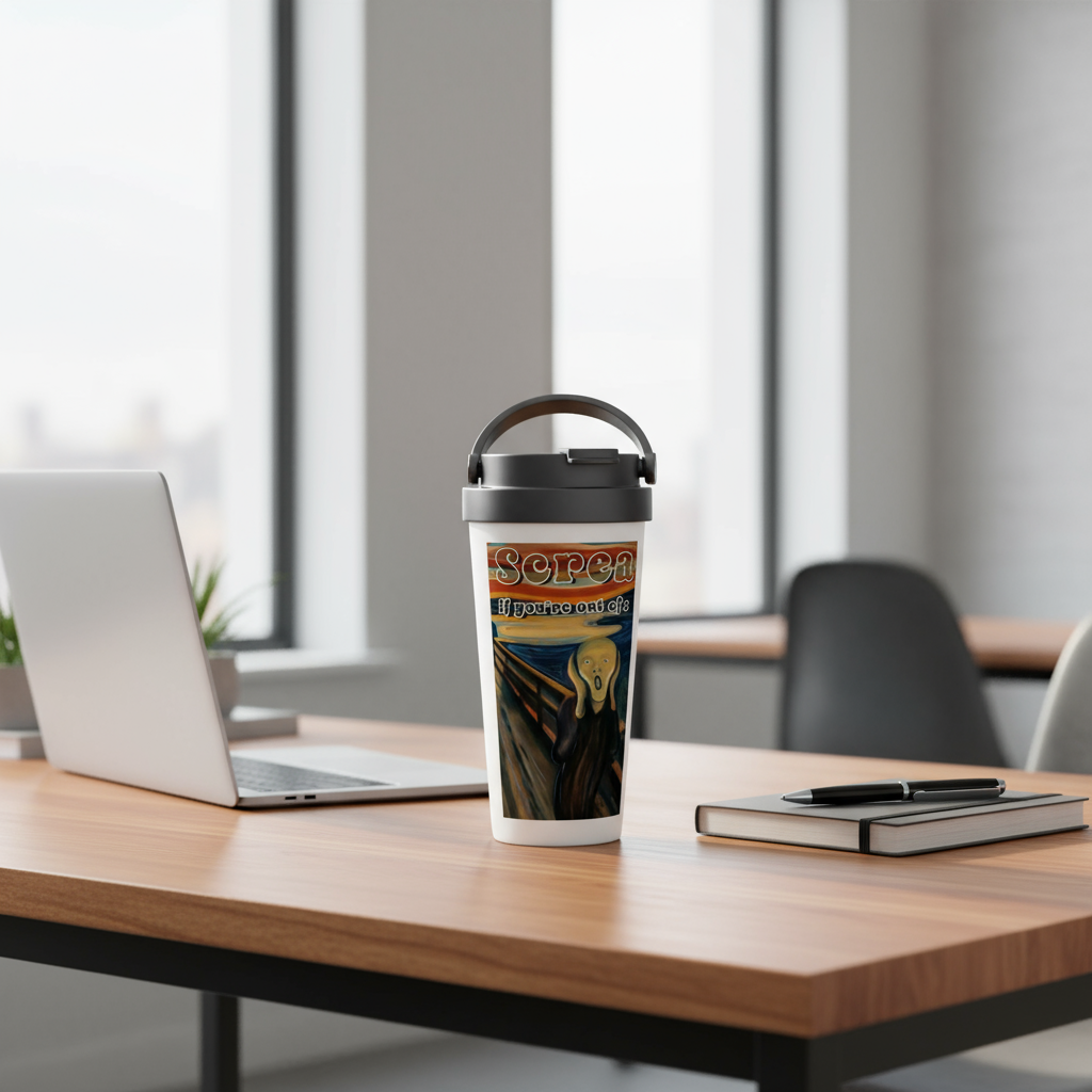 Scream If You're Out of Coffee travel mug on office desk with laptop - perfect work companion