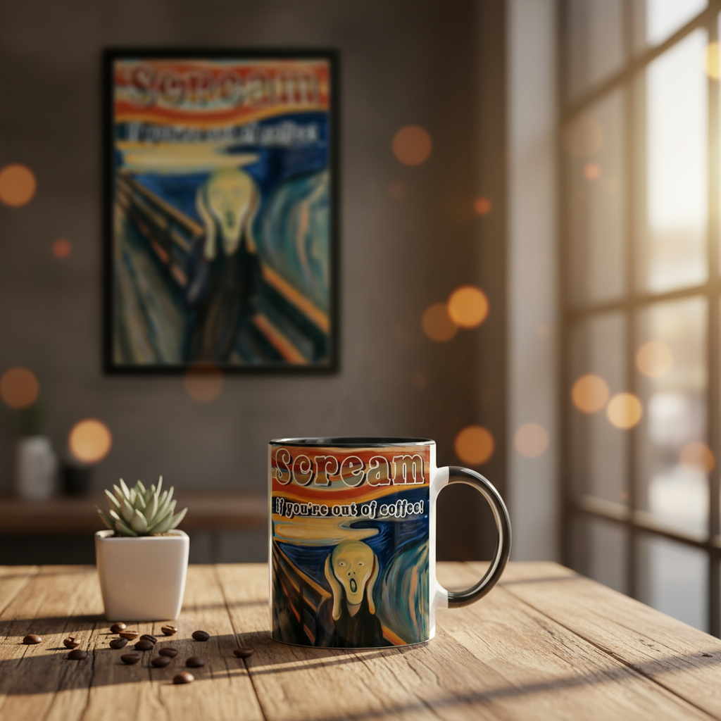 Scream mug in cafe setting with poster