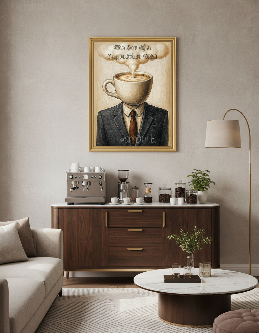 The Son of a Cappuccino Man coffee art print in gold frame above elegant home coffee bar with espresso machine