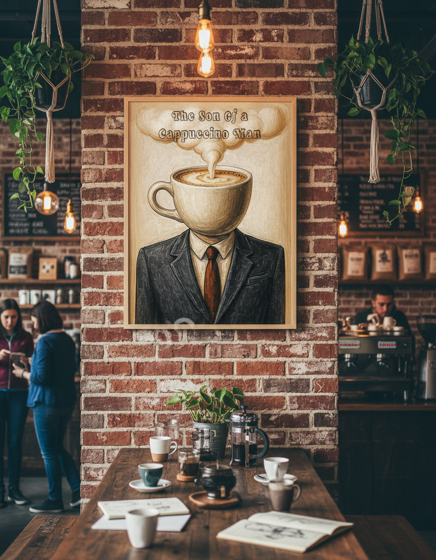 The Son of a Cappuccino Man surreal art print in wood frame on exposed brick wall in trendy artisan coffee shop