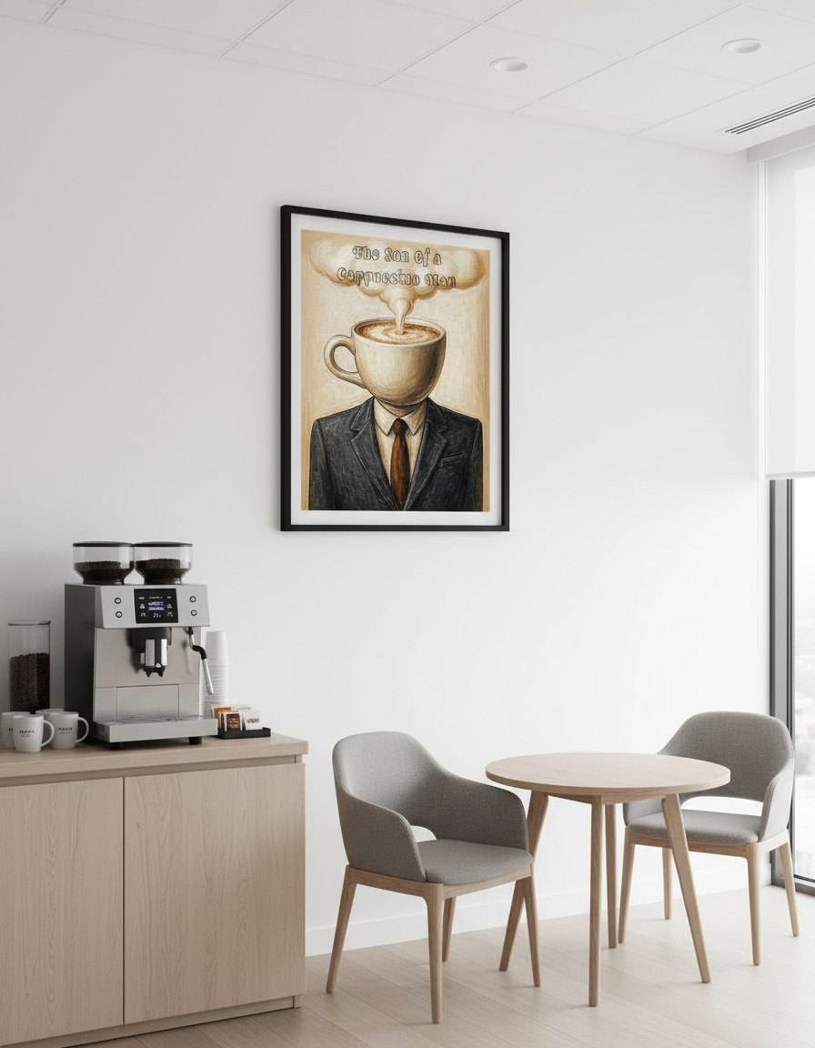 The Son of a Cappuccino Man coffee art print in corporate office break room with coffee machine and modern furniture