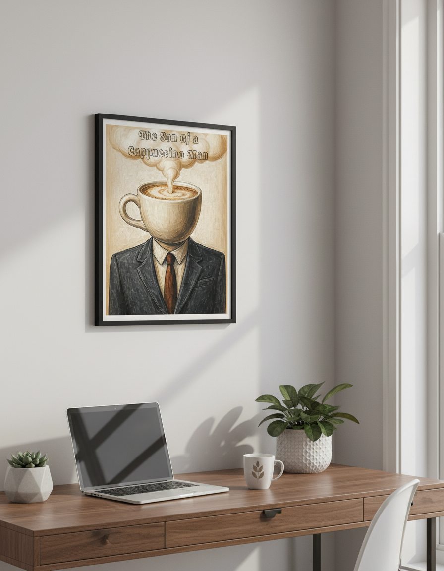 The Son of a Cappuccino Man surreal coffee art print in black frame hanging in modern home office with desk and laptop