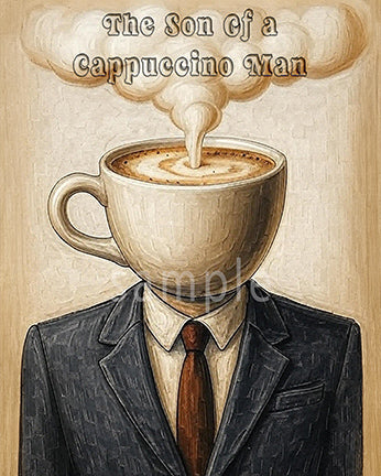 The Son of a Cappuccino Man - Surreal Coffee Art Print 25x20" Digital Download | Funny Office Wall Decor