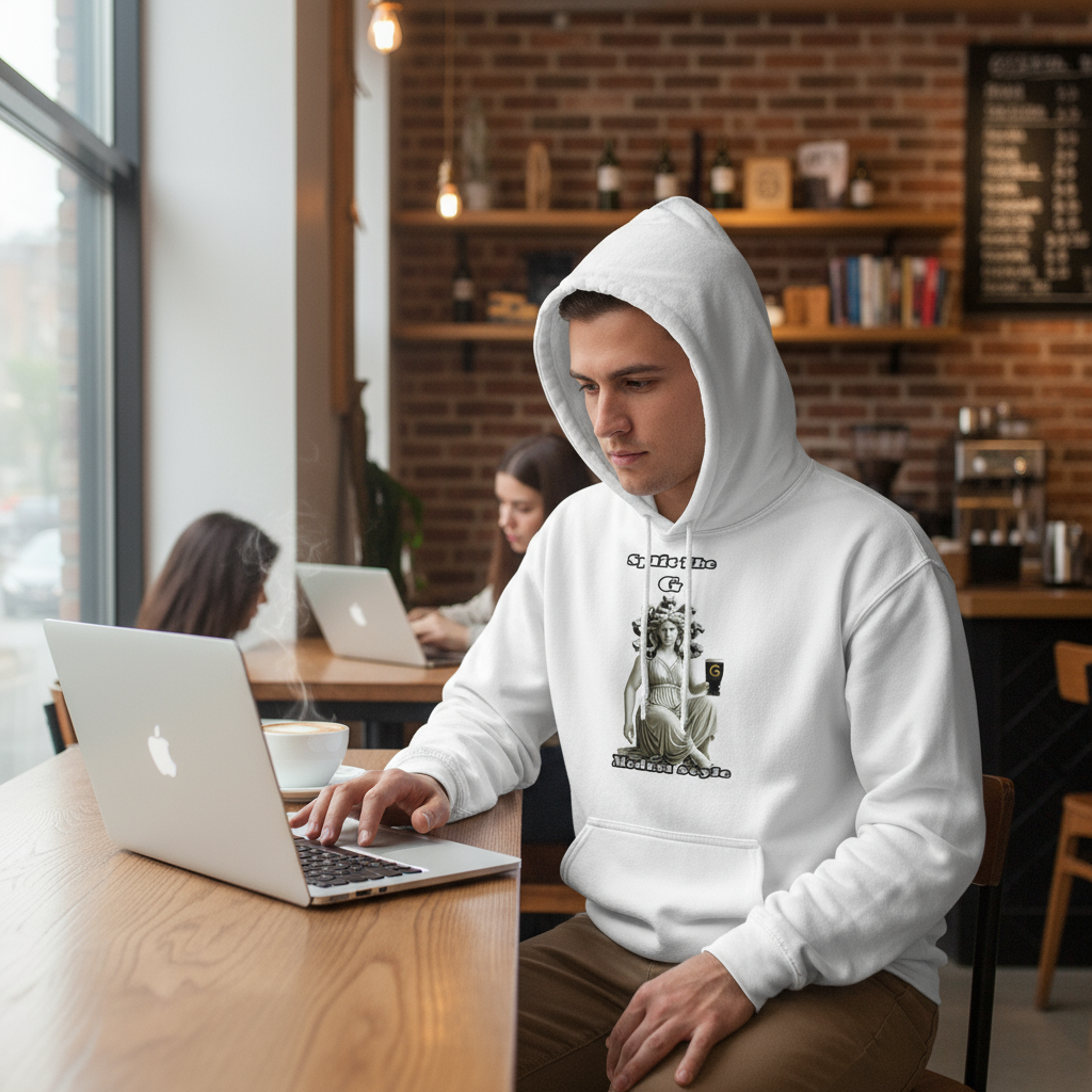 Split The G Medusa white hoodie in coffee shop