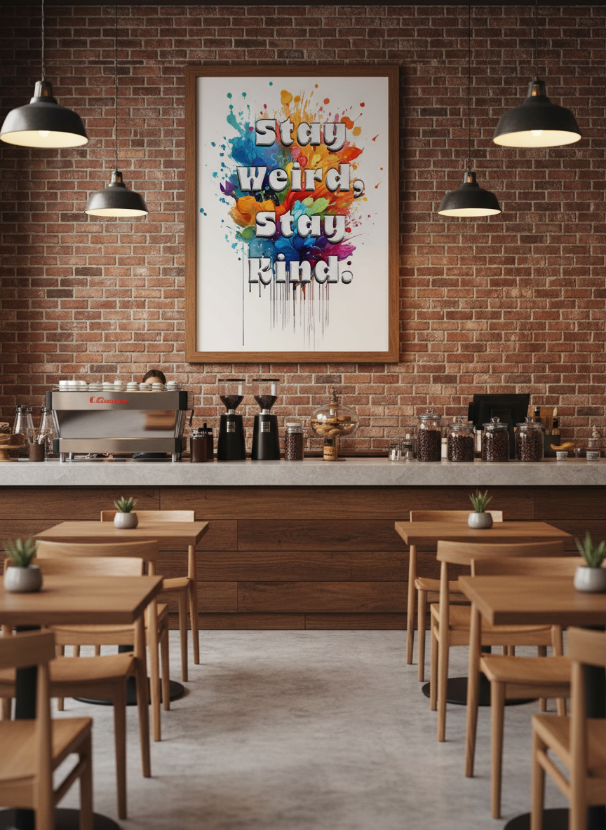 "Stay Weird Stay Kind colorful typography print displayed in cozy modern cafe interior - commercial space wall art lifestyle image for digital download"