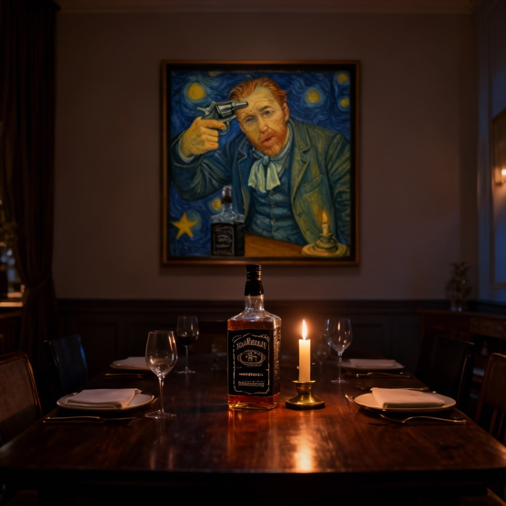 Van Gogh Jack Daniels Starry Night artwork in elegant dining room - statement piece for entertaining spaces"