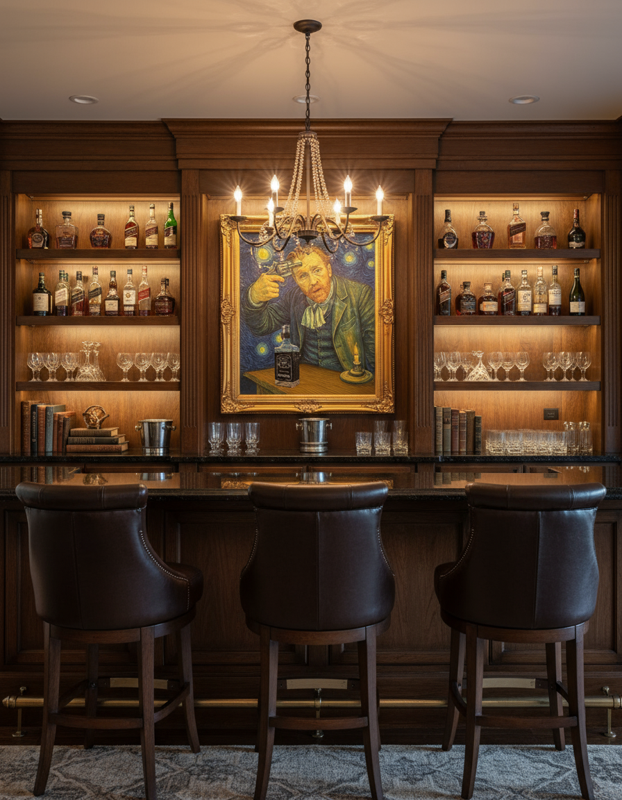 Van Gogh Jack Daniels whiskey art displayed in bright sophisticated home bar with natural light - Starry Night parody print lifestyle 