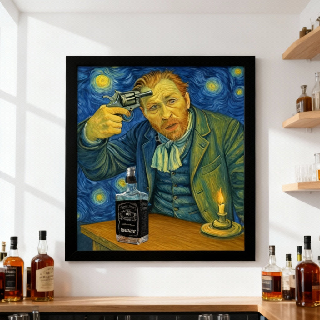 Van Gogh Jack Daniels Starry Night artwork in bright elegant dining room - statement piece for entertaining spaces"
