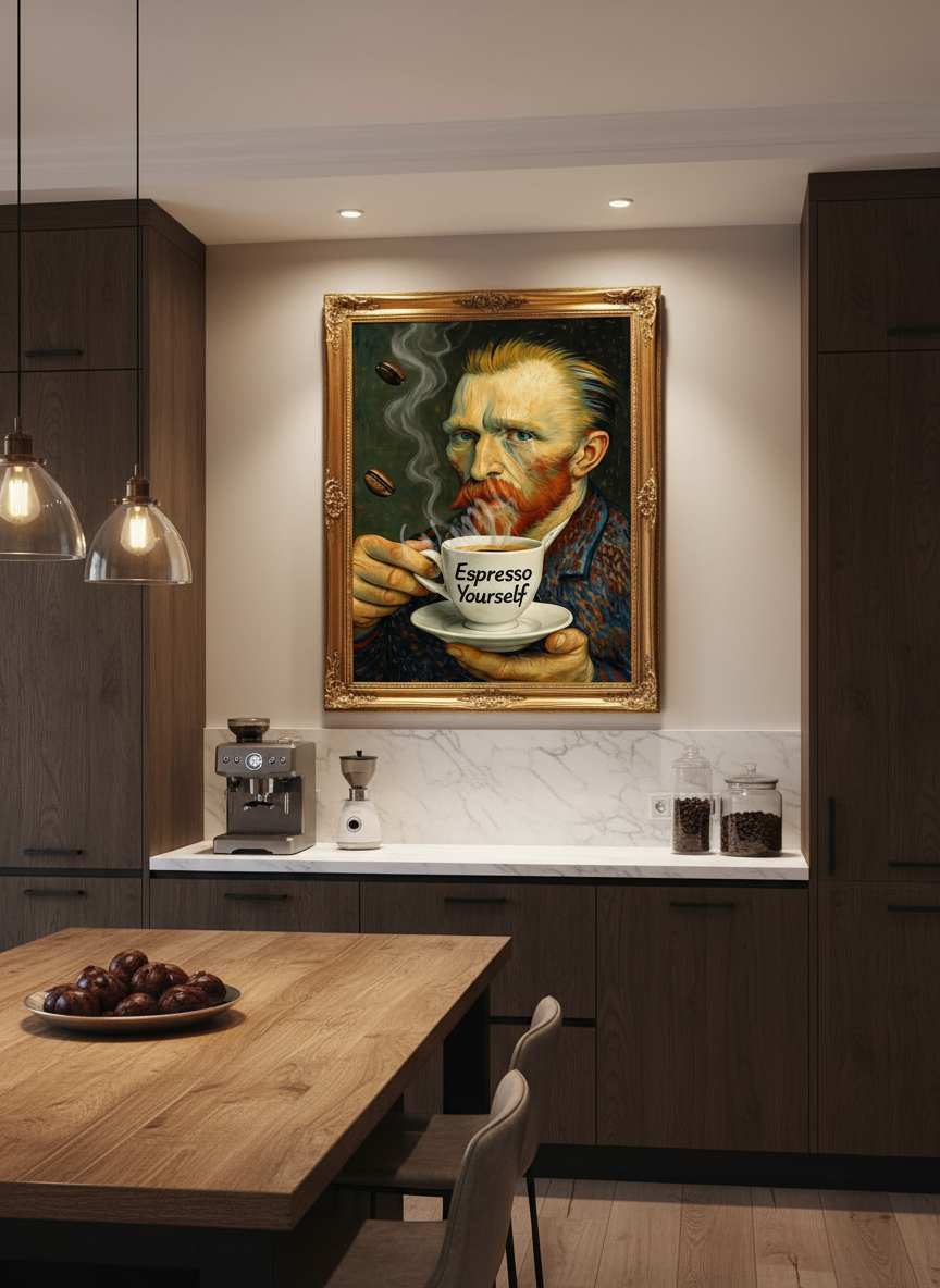Stylized depiction of a famous artist holding a cup of coffee with 'Espresso Yourself' text.