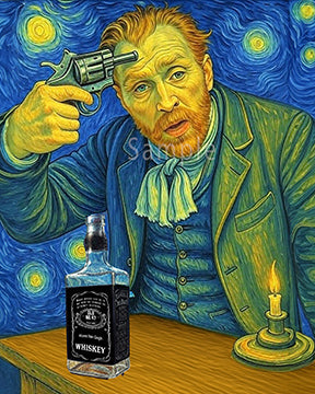 Van Gogh self portrait with Jack Daniels whiskey and revolver in Starry Night style featuring courage quote - dark edgy art print parody - home bar wall decor digital download

