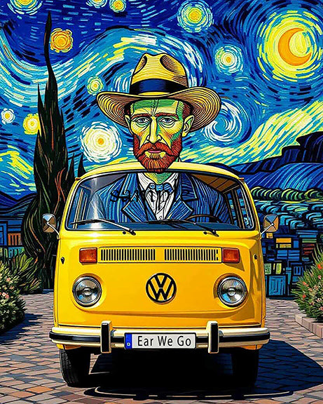 Van Gogh Ear We Go Digital Print Download - Starry Night VW Bus Digital Download