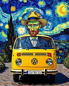 Van Gogh driving yellow VW camper van under Starry Night sky with Ear We Go number plate - funny art print