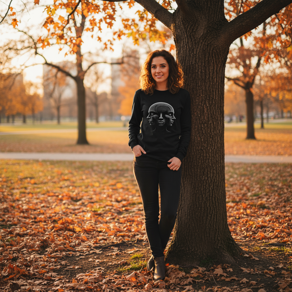 Woman in Optical Illusion 3 Faces long-sleeve outdoors in fall