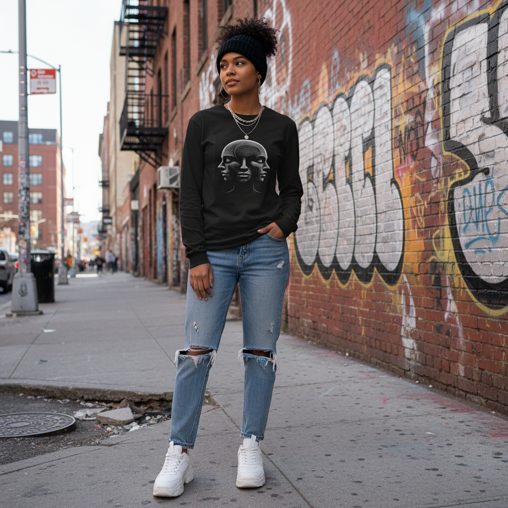 Woman wearing Optical Illusion 3 Faces long-sleeve on city street