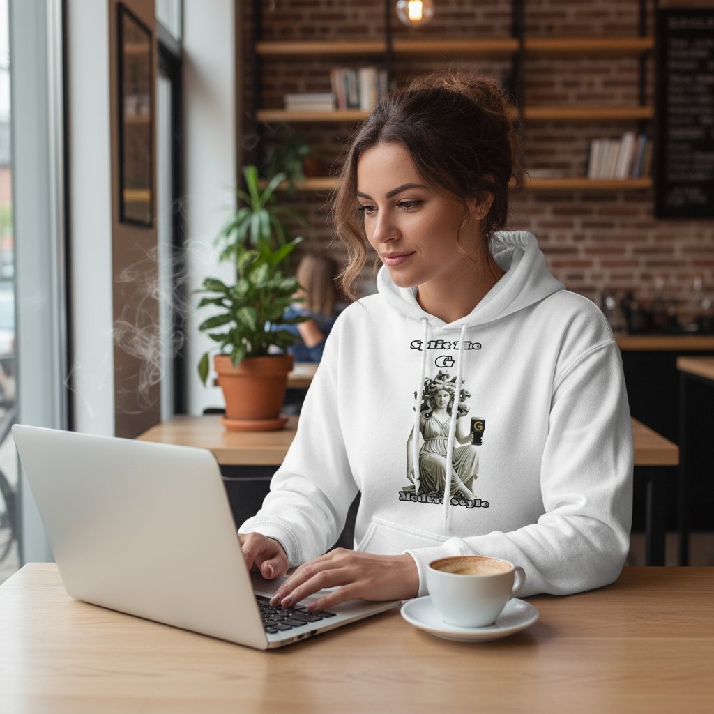 Woman wearing Split The G Medusa hoodie in coffee shop